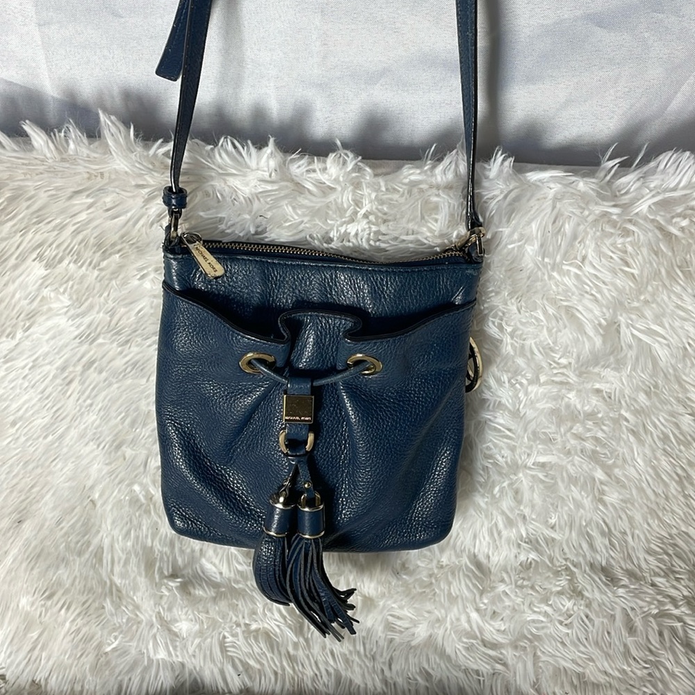 Michael Kors Dark Navy Blue Leather Purse Bag Crossbody Gold Hardware